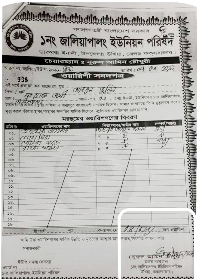 জালিয়াপালং ইউপি চেয়ারম্যানের স্বাক্ষর জালিয়াতির অভিযোগ